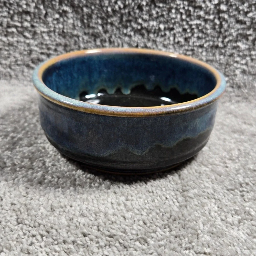 Studio Pottery Bowl Blue Drip Glaze Signed Artisan Stoneware Small